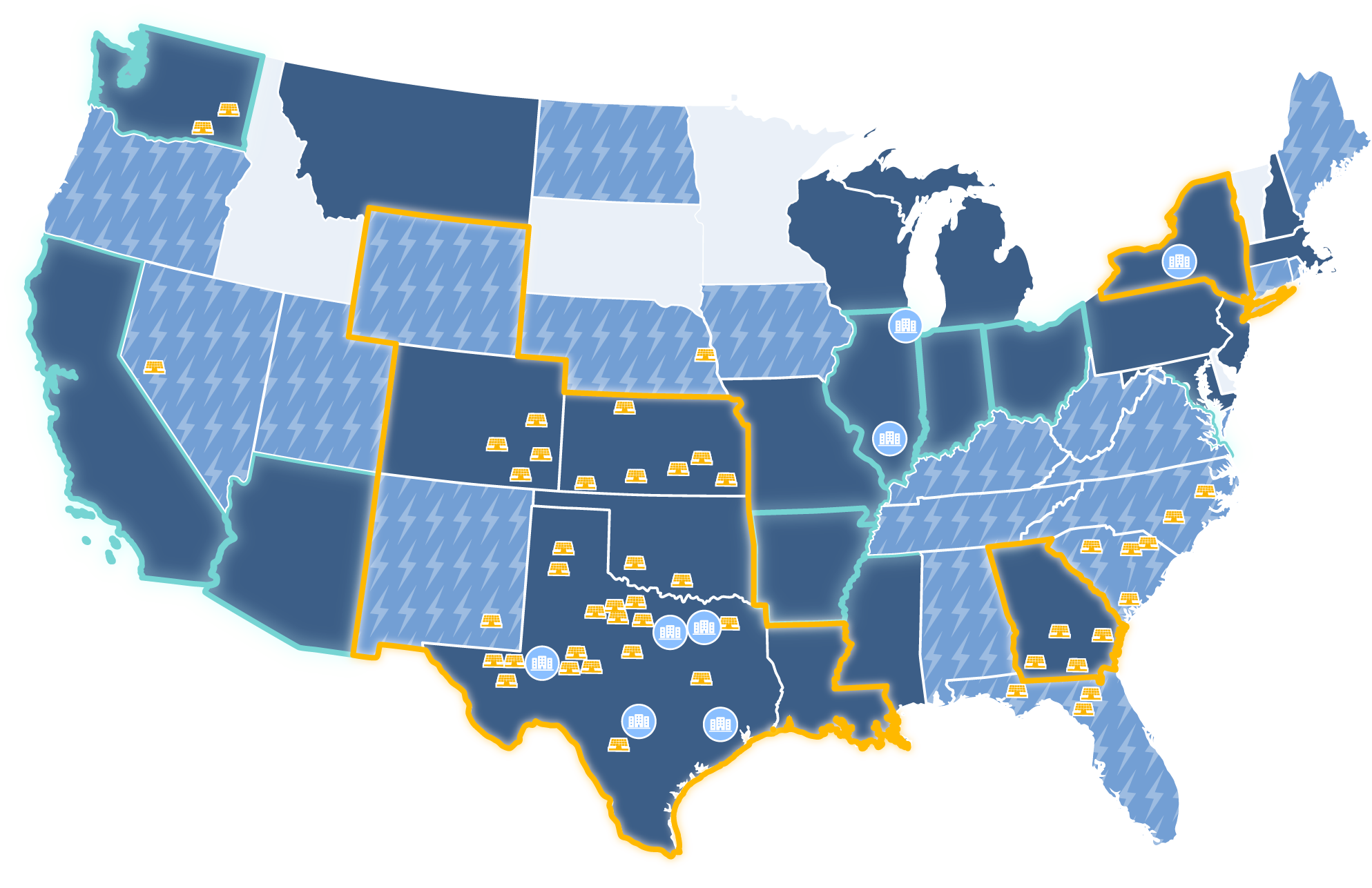 map of the United States with icons displaying office locations and energy implementation